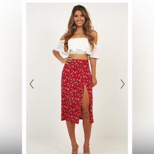 Red Floral Side-Slit Midi Skirt